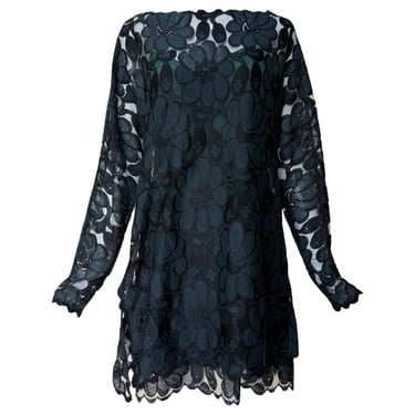 Geoffrey Beene 1980's Deep Emerald Green Floral Lace Dress