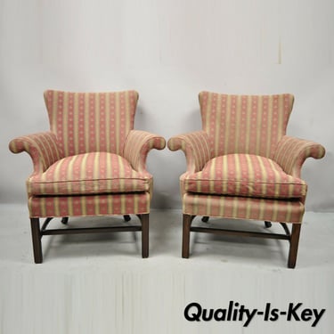 Vintage Southwood Mahogany Upholstered Chippendale Lounge Club Chairs - a Pair
