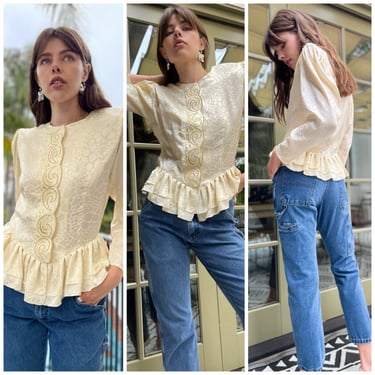 80s PURE SILK exquisite cream blouse gold details Dynasty S M 