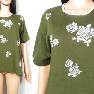Vintage 80s Olive Green Rose Print Tshirt Size M/L 