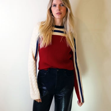 Vintage VALENTINO Red Y2K Mixed Cable + Ribbed Knit Sweater In Red White + Blue with Striped Sleeves S M L Knit Pullover 