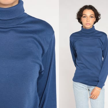 Blue Turtleneck Top 80s Long Sleeve Shirt High Neck Layering Top Plain Simple T-Shirt Basic Blouse Solid Minimalist Vintage 1980s Medium 