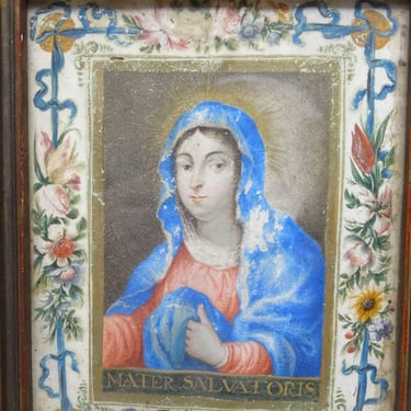 Antique 1800's Hand Painted Miniature Portrait Mater Salvatoris, Wooden Frame, Vintage Religious Mother Mary Painting 