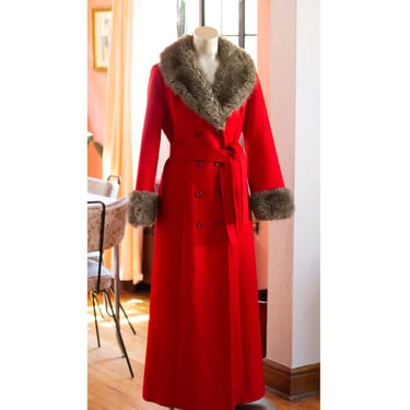 Vintage Red Wool Coat - 1970s - FULL-Length Duster Overcoat - Cherry Red - Faux Fur, Double Breasted - Fall, Winter, Christmas - PRO CLEANED 