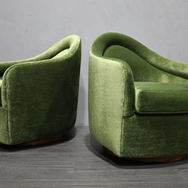 Milo Baughman Rocking Swivel Lounge Chairs in Green Mohair