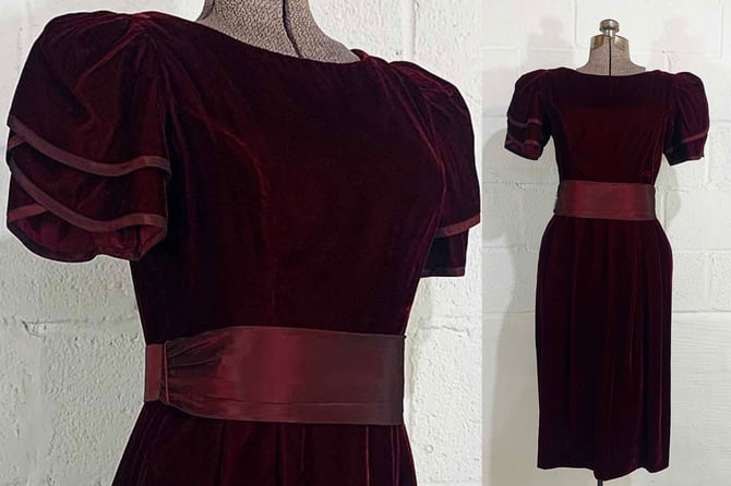 Vintage Petite Lanz Velvet Dress Red Burgundy Maroon Party Cocktail Holiday Christmas Puff Short Sleeve Medium 1980s 