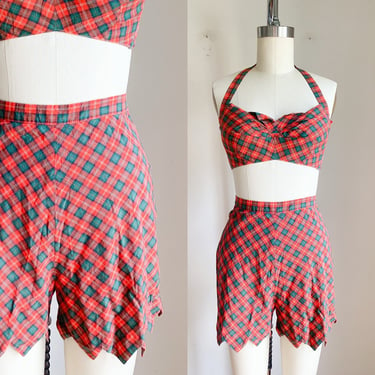 Vintage 1940s Plaid 2pc Cotton Swimsuit / XS 