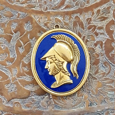 Spartan Soldier Pendant~Blue Enamel on Brass~~Greek Soldier~Vintage Pendant Unisex Jewelry~Mid Century Jewelry~Gifts for Him~JewelsandMetals 