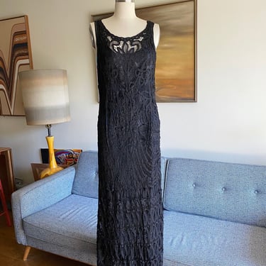 Vintage 90's Black lace dress, Crochet Dress, Bias Cut Dress, M 