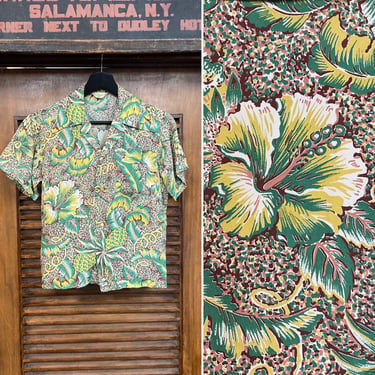 Vintage 1940’s Rayon Atomic Tiki Jungle Tropical Hawaiian Shirt, Youth Size, 40’s Vintage Clothing 