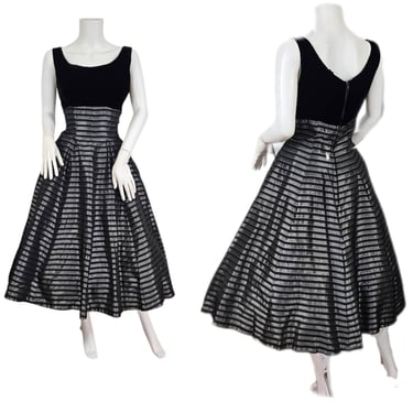 1950s Fit & Flare Black Velvet Silver Striped Taffeta Dress I Sz Med I Rockabilly I NYE 