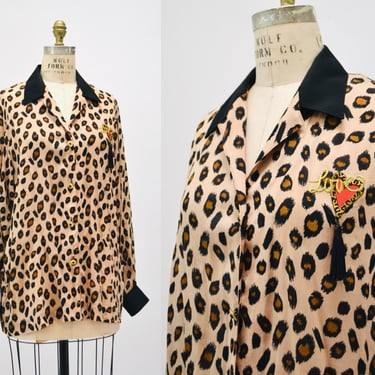 90s Animal Print Silk Shirt Leopard Print Silk Shirt Medium Criscione // Vintage Silk Animal Print Shirt Long Sleeve Silk Blouse Top Love 