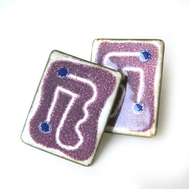 Vintage Mid Century Modernist COPPER Enamel Earrings, Art Jewelry, Purple and White Screw Back Earrings 