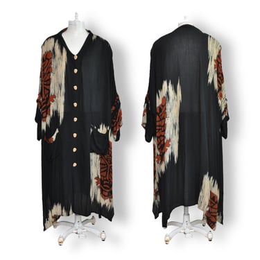 Vtg. Plus Size Kaftan Dress Indonesia With Tribal Print OSFA Plus Black Rayon 