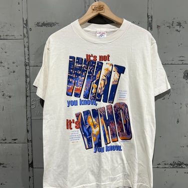 M 90s  white Einstein and Jesus tshirt its not what you know its who you know, bible verse t shirt tee 