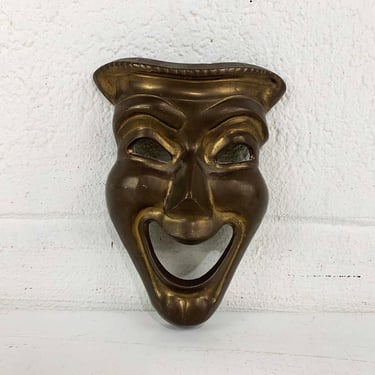 Vintage Brass Theater Face Mask Comedy Tragedy Smile Now Cry Later Decor Accents Wall Plaque Sculpture MCM Mid-Century Happy Sad 