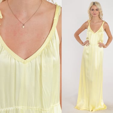 Yellow Party Dress 70s Maxi Dress Pastel Sleeveless Gown Cocktail Formal Prom Grecian Spaghetti Strap Long Chic Vintage 1970s Large Tall 