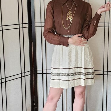 Vintage 60s Day Dress Brown Cream Long Sleeved 