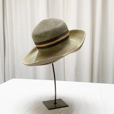 1990s Patricia Underwood Green Striped Straw Hat 