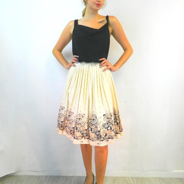 Vintage Novelty Print Circle Skirt   | 40s/50s Chinoiserie Border Print Skirt  | Size Extra Small 