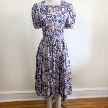 Laura Ashley - Purple Rose Floral Print Cotton Midi Dress - 1980s 