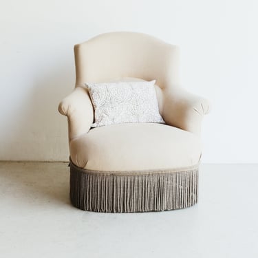 Vintage Flax Linen Crapaud Chair with Fringe