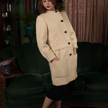 1960s Dress - Chic Normal NORELL Ivory Wool Knit Straight Cut Mod Era Coat with Silk Lining 