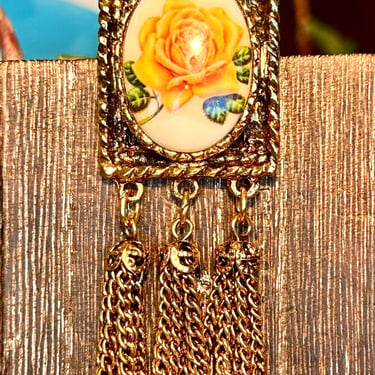 Vintage Flower Pendant Necklace Yellow Rose Tassels 24” Chain Retro Jewelry Flower floral 