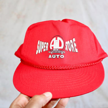 Vintage 80s 90s Snapback Hat "Super Aid Store Auto" Baseball Cap, Trucker Hat, Rope, USA, Red, Mobil 