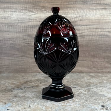 Luminarc Egg Shape Candy Dish Ruby Red Crystal Pedestal Bowl Perfect for Home Decor 