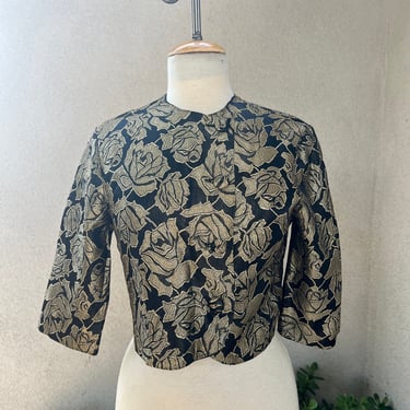 Vintage 60s elegant bolero style jacket black gold floral brocade S/M Glentex 