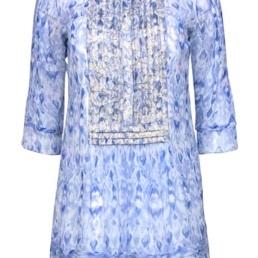 Elie Tahari - Blue Marbled Silky Tunic Top w/ Gold Embroidery Sz XS