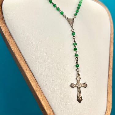 Vintage Green Glass Beaded Rosary Short Length 14” Religious Jewelry Retro Beads 