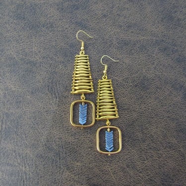 Gold geometric earrings, blue arrow earrings, mid century modern 