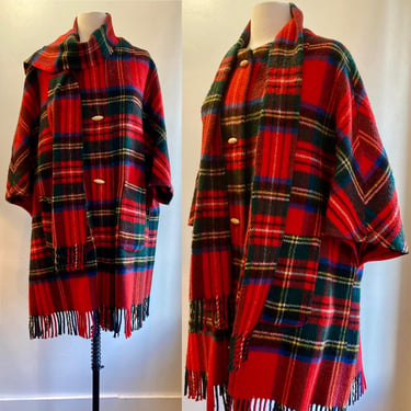 Vintage 60s 70s Wool PLAID BLANKET Cape Coat  / SCARF + Toggle Buttons + Pockets + Fringe Edge / Red + Green + Black + Blue + Gold Tartan 