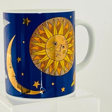 Vintage 1990s Celestial Cobalt Blue Ceramic Cup Mug Department 56 Japan Sun Moon Stars 