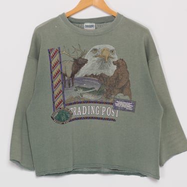Lrg-XL 90s Sage Green Wildlife Print Sweatshirt | Vintage Cropped Chief Seattle Quote Nature Graphic Crewneck 