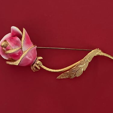 pink rose enamel pin vintage 1950s long stem flower brooch 