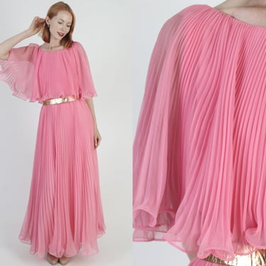 Barbiecore Pink Long Chiffon Dress Accordion Pleated Thin Material Vintage 70s Avant Garde Cocktail Party Maxi 