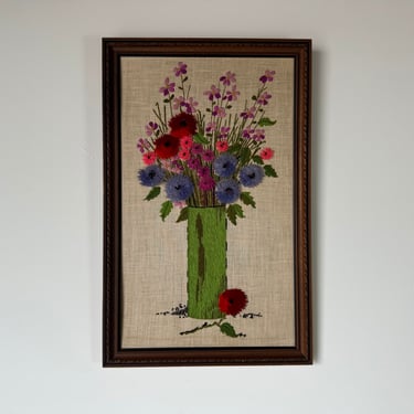 Vintage Crewel Embroidery Stitched  Floral  Still Life Art Wall Hanging 