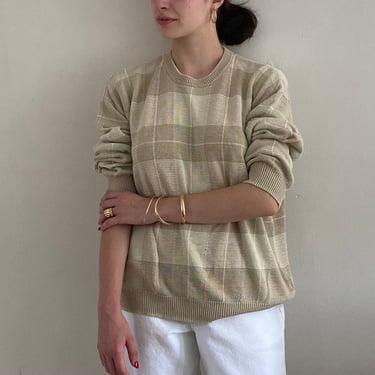 90s silk sweater / vintage oatmeal sage silk linen tartan plaid color block oversized boyfriend pullover crewneck Saks sweater | X Large 