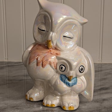 Vintage Lusterware Mother and Baby Owl Ceramic Figurine 