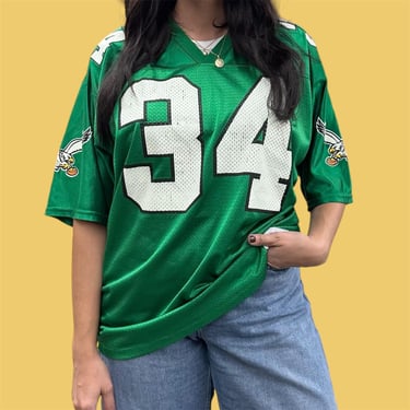 Vintage Philadelphia Eagles Jersey Retro 1990s Size L + #34 Walker + Kelly Green + Nylon + Pullover + V-neck + Philly Football Apparel 