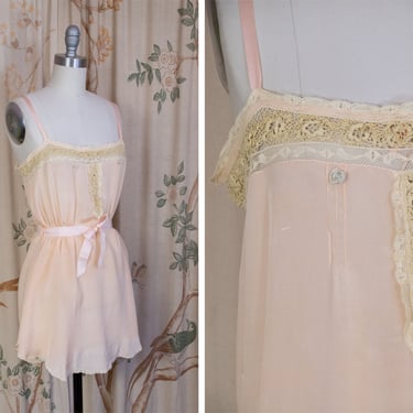 1920s Chemise - Completely Sheer Early Step In Style Slip Peach-Pink Silk 20s Teddy with Lace Trim 