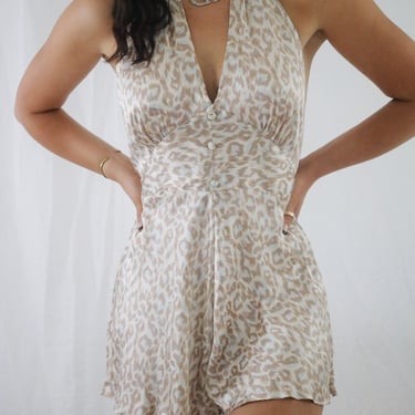 Vintage Leopard Print Victoria’s Secret Silk Romper - Open Back - Halter Neckline - Small 