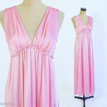 1970s Pink Nightgown | 70s Pink Nylon Sleeveless Gown l Vanity Fair l Medium 