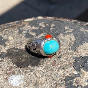 Sterling Silver Turquoise Ring with Small Red Coral Cabochons, Ornate Cutout Design, Chunky Gemstone Ring, 925 Jewelry, 5 US 