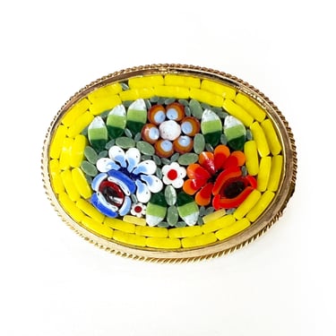 Vintage Italian Micro Mosaic Brooch, Yellow Mosaic Brooch, Brass Filigree Setting, Vintage Floral Jewelry, Mid Century Jewelry, Red Rose 