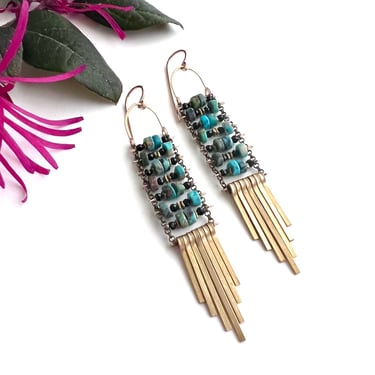 SALE  Turquoise and Black Spinel Ladder Earrings