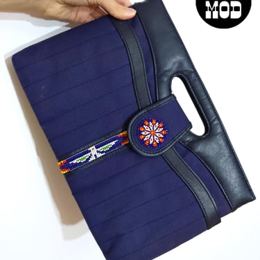 Unique Boho Vintage 70s 80s Navy Blue Clutch with Southwestern Seed Bead Design 